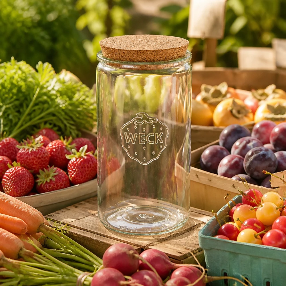 Vaso cilindrico da 1590 ml WECK RR100 con tappo in sughero naturale Vaso cilindrico WECK 1590ml RR100 vuoto con coperchio in sughero circondato da frutta e verdura fresca su base in legno
