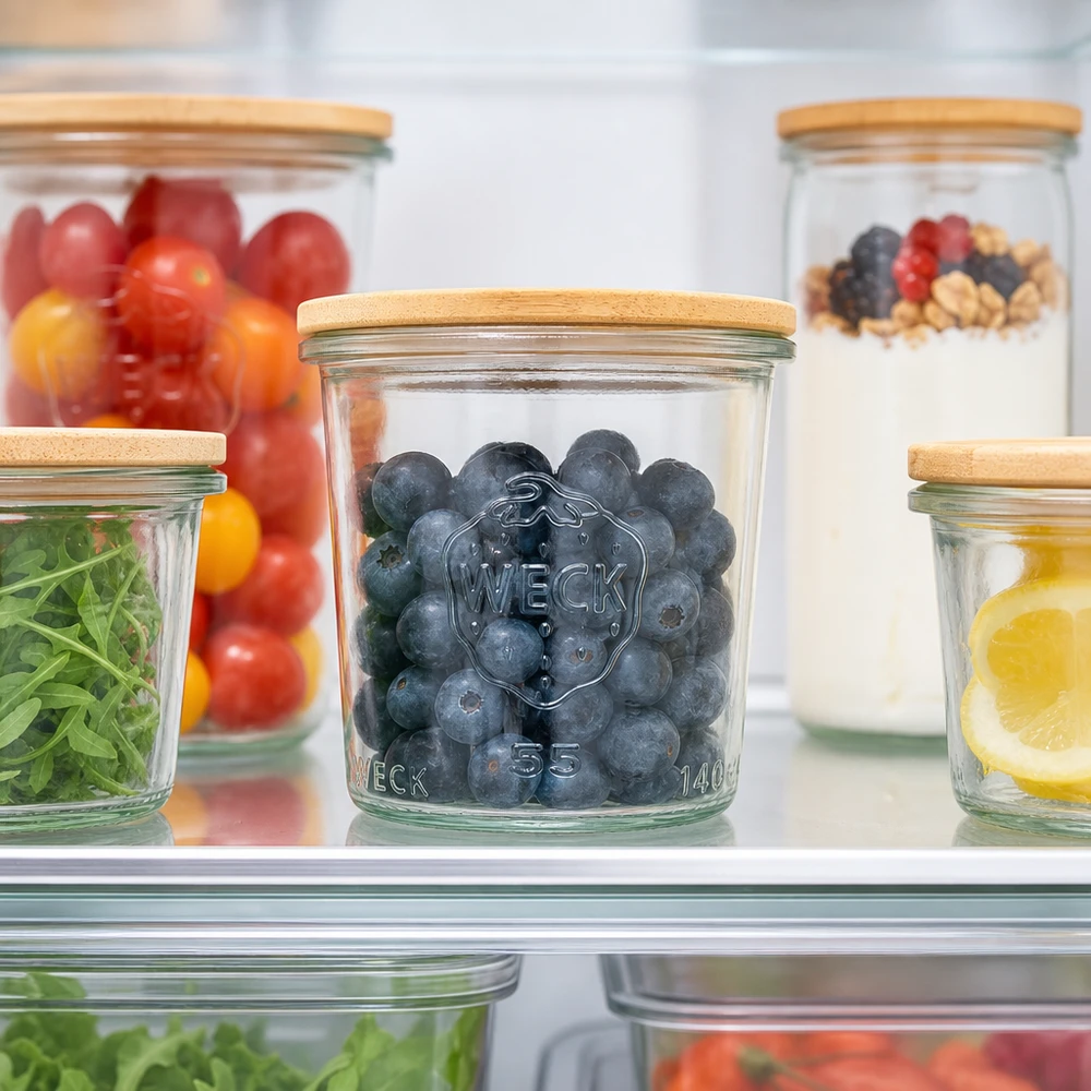 I tumbler WECK 140ml RR60 con mirtilli in frigorifero mostrano la freschezza e la conservazione ottimale della frutta