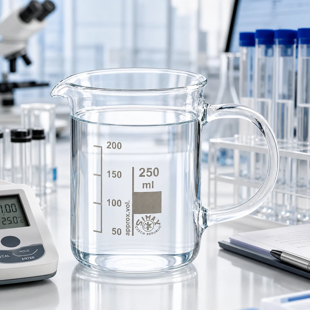 Bicchiere da 250 ml in vetro borosilicato, con manico Bicchiere da 250 ml in vetro borosilicato con manico e acqua limpida su un tavolo da laboratorio bianco con microscopio