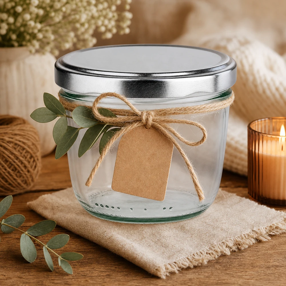 Bicchieri da 230 ml con coperchio BasicSeal argento UNiTWIST Bicchieri da 230 ml argento BasicSeal coperchio decorativo con fiocco di iuta etichetta in carta kraft idea regalo rustica