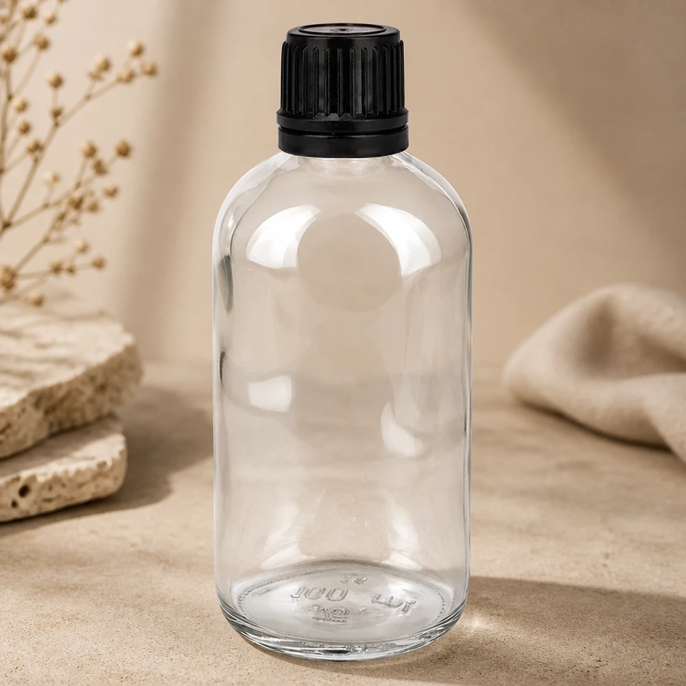 100ml (Globul)Flas. 3mm GR s. STD ClearL. UT18/100 Flacone da farmacia da 100 ml in vetro trasparente con tappo a vite nero a prova di bambino