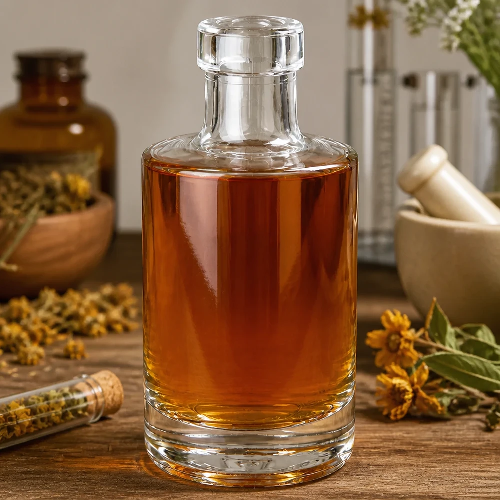 Bottiglia in vetro da 200 ml Marie senza tappo UNiTWIST® Bottiglia di vetro da 200 ml Marie riempita di olio ambrato in stile speziale con erbe medicinali essiccate aromi naturali