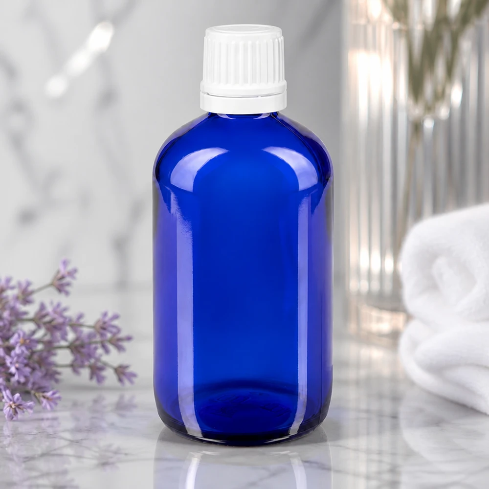 Contagocce blu da 20ml. STD KiSi bianco/1,2 mm ApoGlas Piccolo flacone contagocce da 20 ml in vetro da farmacia blu con tappo di sicurezza per bambini bianco