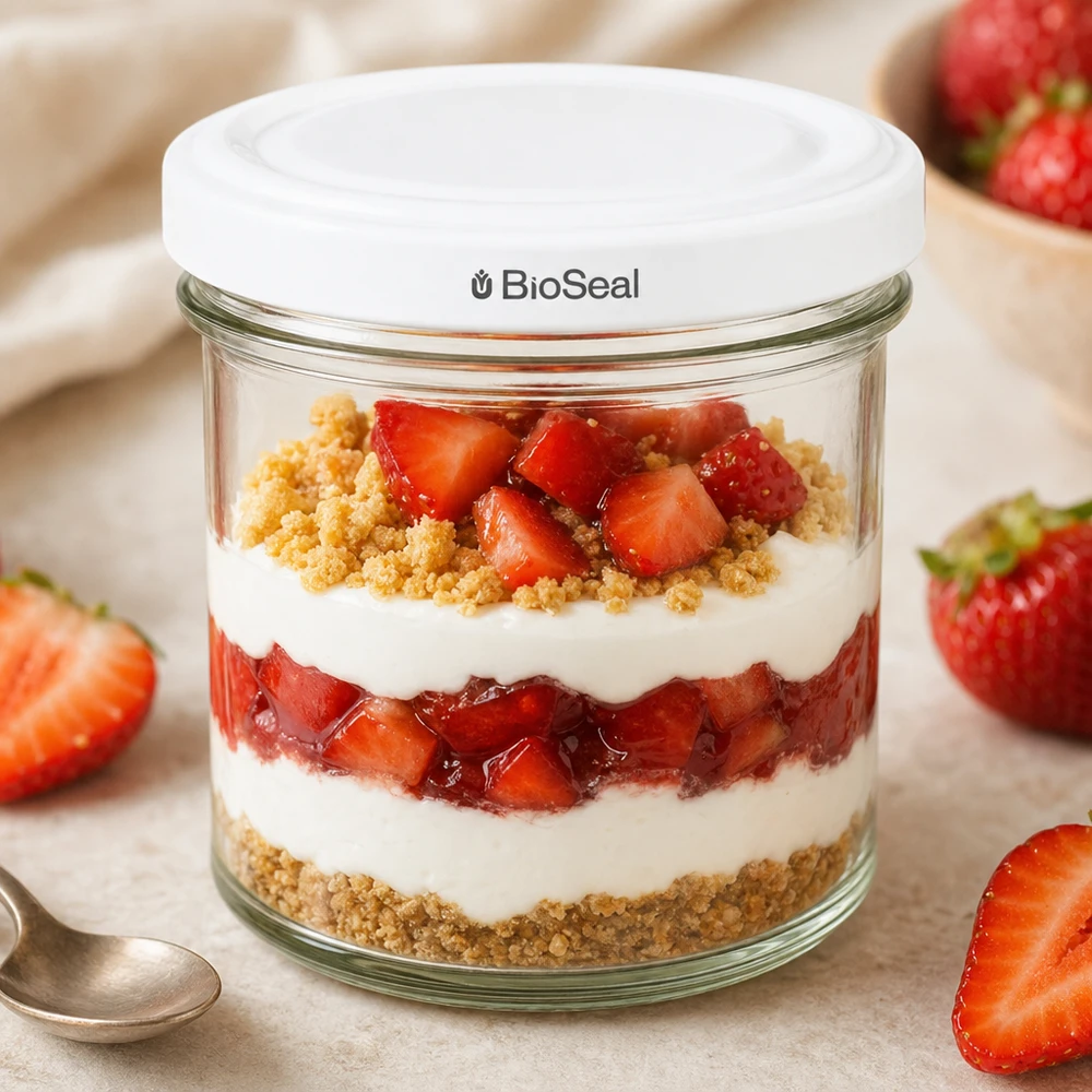 UNiTWIST Sturz125 con coperchio bianco TO66 BioSeal UNiTWIST 125ml vaso da dessert a strati fragole base biscotto yogurt TO66 BioSeal coperchio vaso da dessert parfait