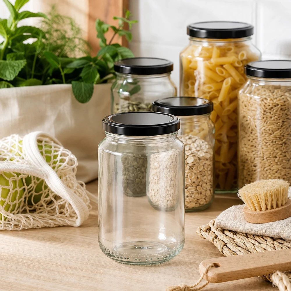 Vaso rotondo da 375 ml con coperchio BasicSeal nero UNiTWIST. Vaso rotondo da 375 ml con coperchio nero in un ambiente di cucina sostenibile tra vasi di stoccaggio con pasta e cereali