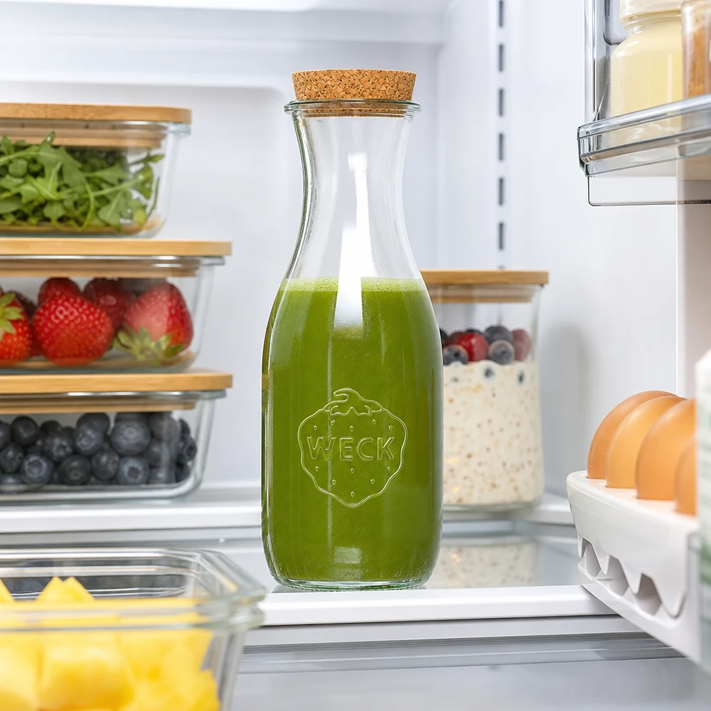 Bottiglia di succo WECK da 1062 ml con frullato verde nel frigorifero tra i contenitori per alimenti freschi e di conservazione