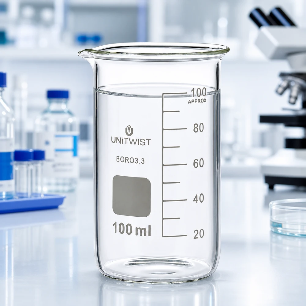 Bicchiere da laboratorio UNITWIST da 100 ml, forma alta, in borosilicato 3.3, con acqua limpida su un tavolo da laboratorio bianco