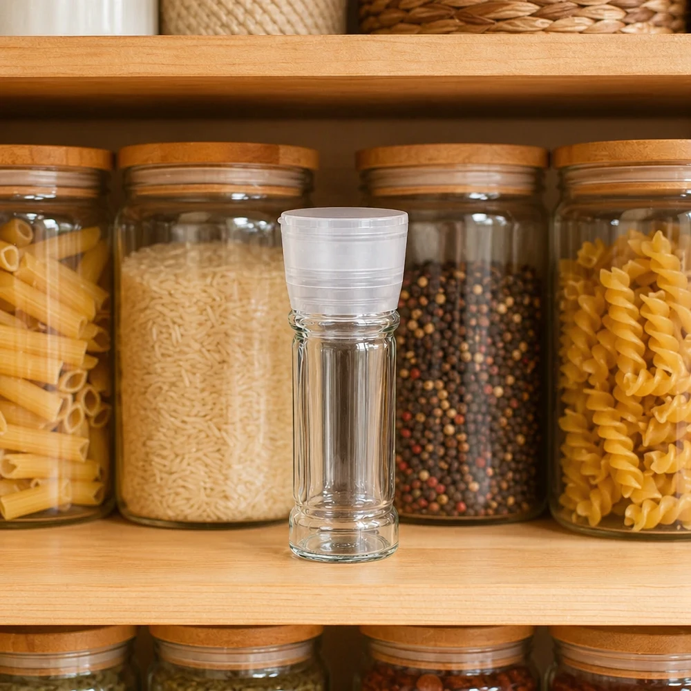 Barattolo per sale/spezie da 100 ml con macinino Vario bianco Piccolo barattolo di sale da 100 ml con macinino Vario bianco, sistemato su una mensola di legno piena di prodotti, tra la pasta e le spezie
