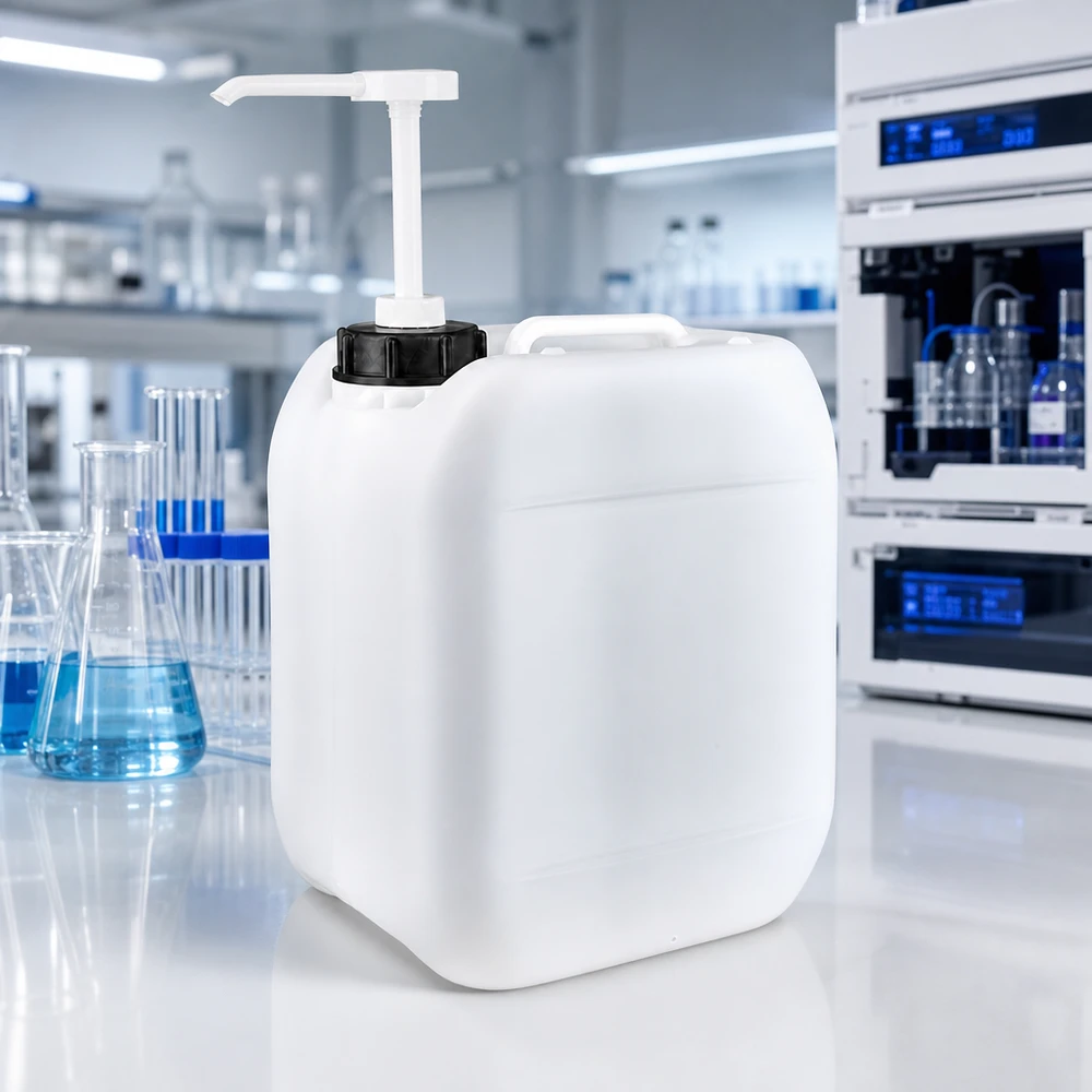 Tanica da 5 litri con pompa dosatrice Contenitore rettangolare in HDPE da 5 litri con pompa dosatrice in un moderno ambiente di laboratorio con matracci di Erlenmeyer