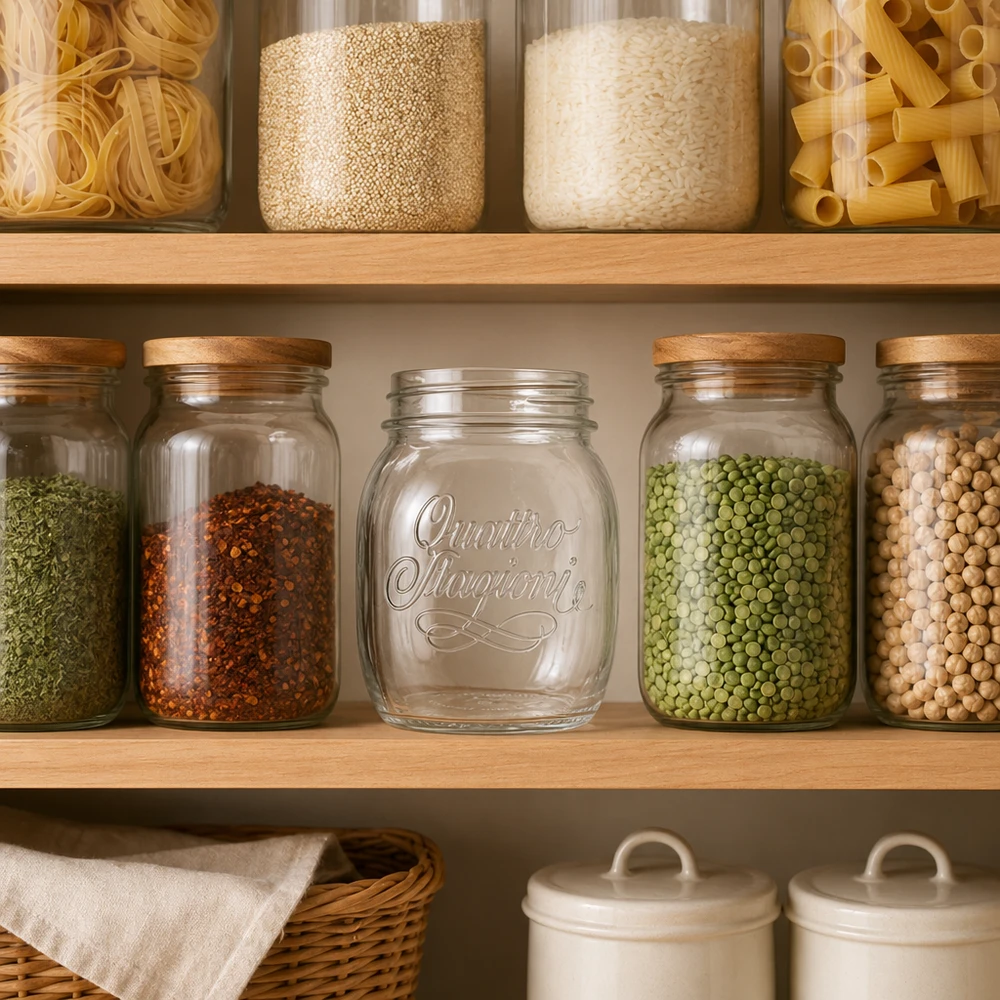 Barattolo domestico Quattro Stagioni da 700 ml con coperchio in legno per conservare legumi e spezie in cucina