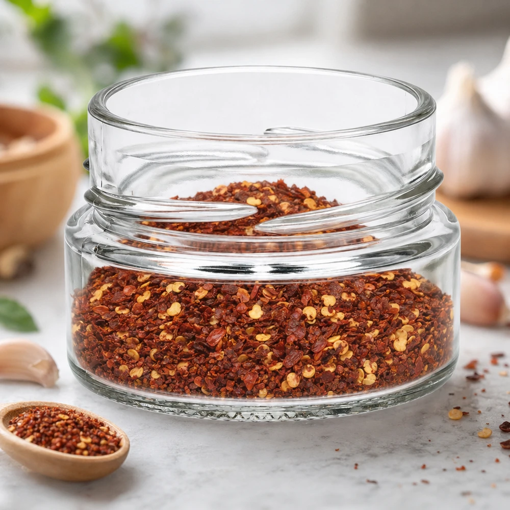 UNiTWIST Runda80 - Barattolo rotondo capacità 80ml TO58profondo UNiTWIST Runda80 barattolo rotondo 80ml TO58deep pieno di mix di spezie al peperoncino sul piano di lavoro della cucina
