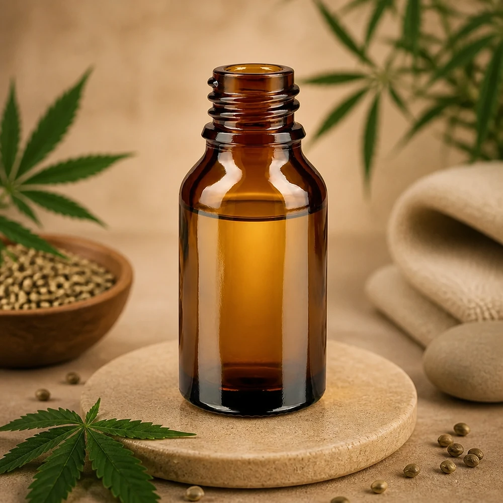 Flacone farmaceutico ambrato da 30 ml ad alto stampo ApoGlas Bottiglia da farmacia marrone da 30 ml a forma alta in ApoGlas su sottobicchiere in legno con oli naturali di cannabis e semi di canapa.