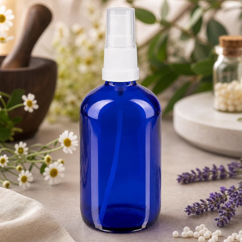Flacone spray blu 100ml STD bianco/trasp. apoGlas Flacone spray blu da 100 ml in vetro con protezione UV, con erogatore bianco, per oli essenziali e idrolati