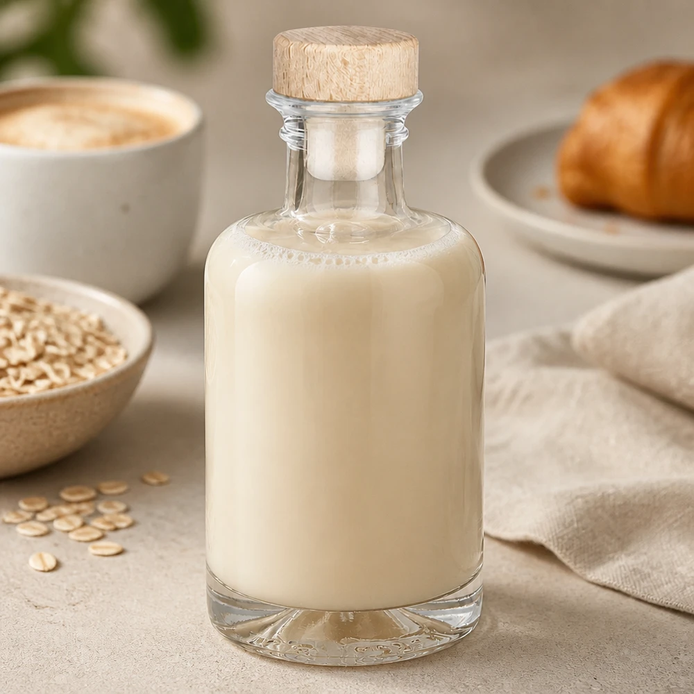Flacone farmaceutico da 100 ml Sofia con tappo in sughero con impugnatura in legno UNiTWIST® 100ml Glasflasche Sofia mit Holzkorken gefüllt mit cremiger Hafermilch neben Haferflocken und Croissant Frühstücksszene