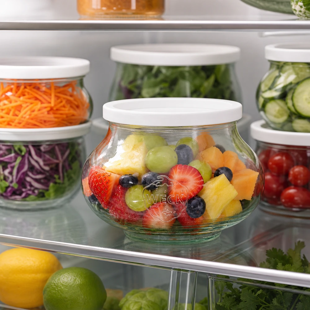 Vaso decorativo WECK 560ml RR80 con macedonia di frutta in frigorifero accanto ad altri vasi con verdure e insalata