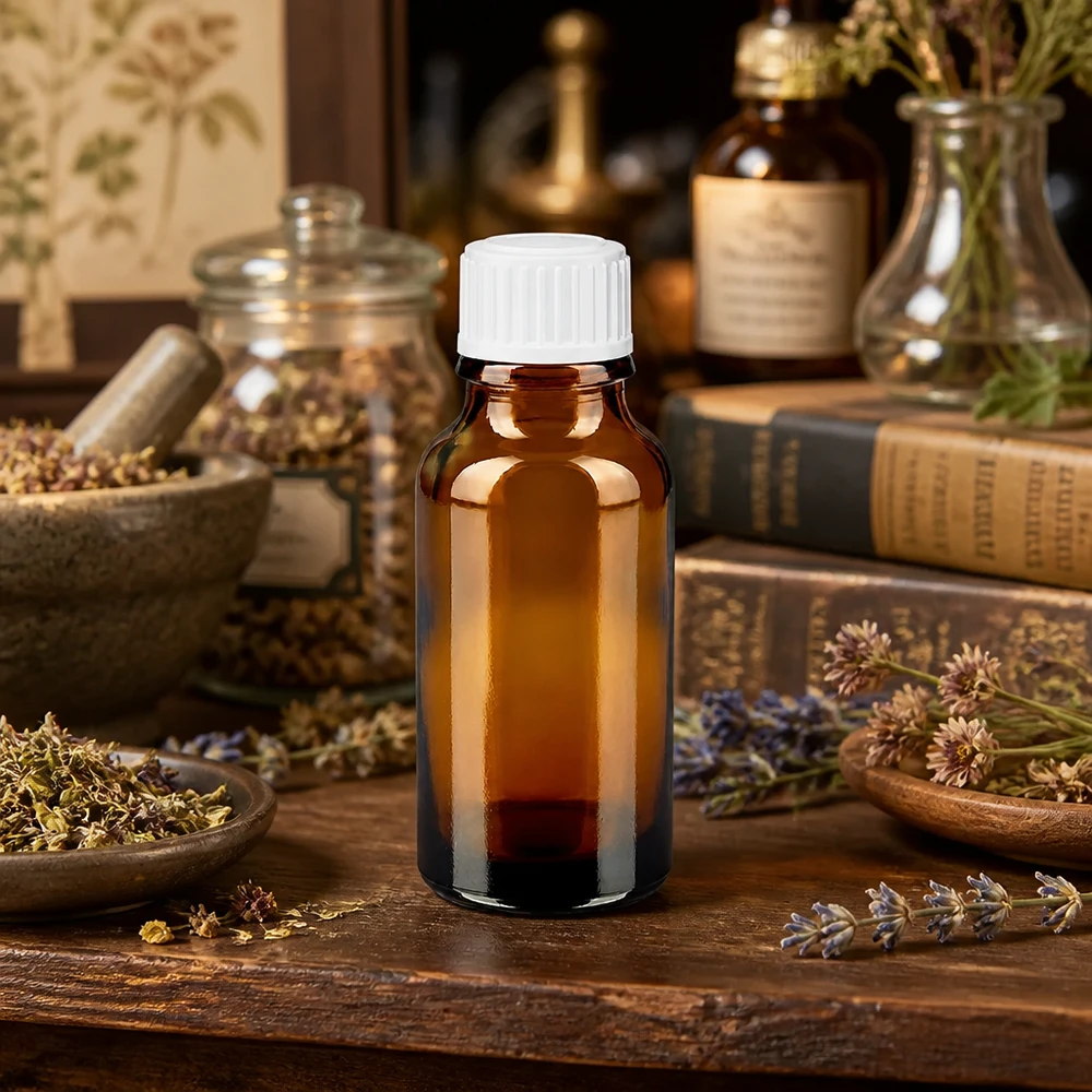 Fiaschette da farmacia da 20 ml in vetro ambrato con tappo a vite bianco, tra erbe essiccate e libri antichi