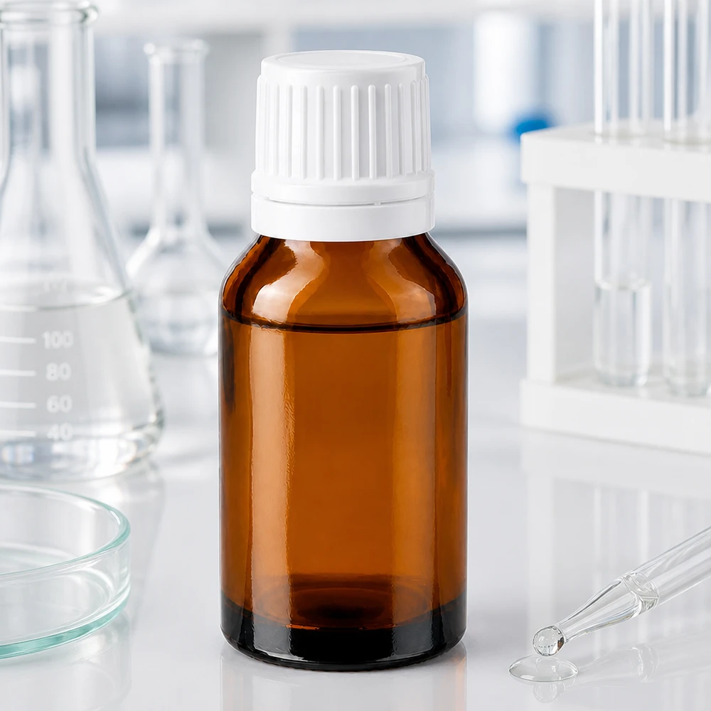 Flacone da farmacia da 30 ml in vetro ambrato con tappo contagocce bianco in ambiente di laboratorio