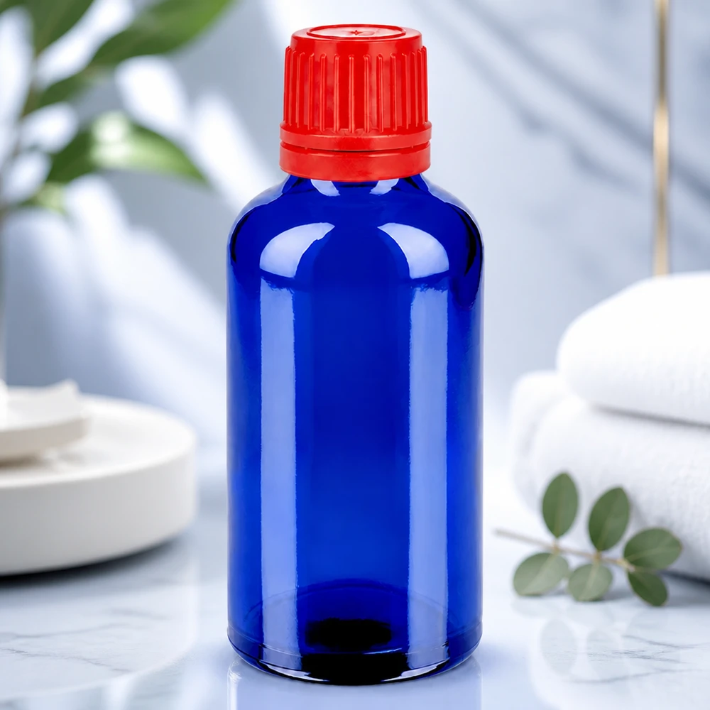 Bottiglia da 50ml 11mm SV rosso OV BlueLine UT18/50 Bottiglia di vetro da laboratorio da 50 ml blu con tappo di sicurezza SV 11 mm OV BlueLine UT18/50