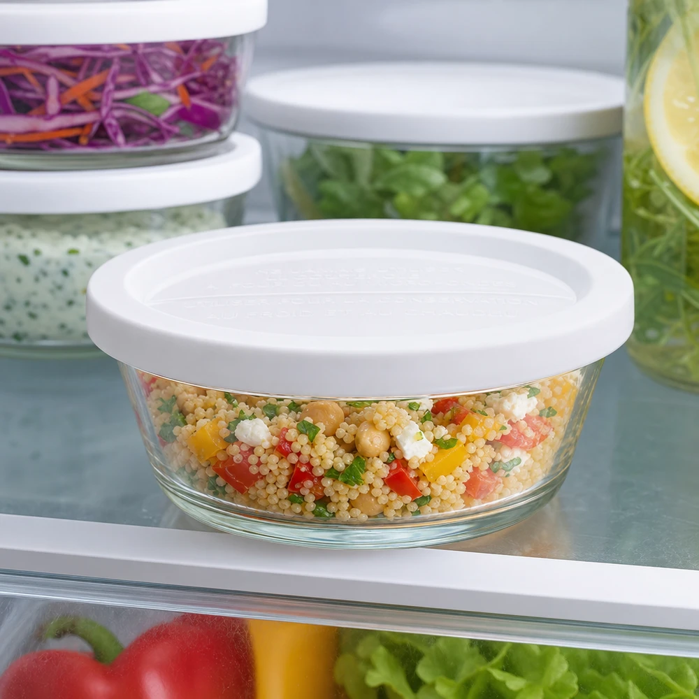 Barattolo gourmet da 300ml con friscia. WECK RR120 WECK RR120 barattolo gourmet da 300 ml in frigorifero con insalata di couscous colorata e altri contenitori per la conservazione.