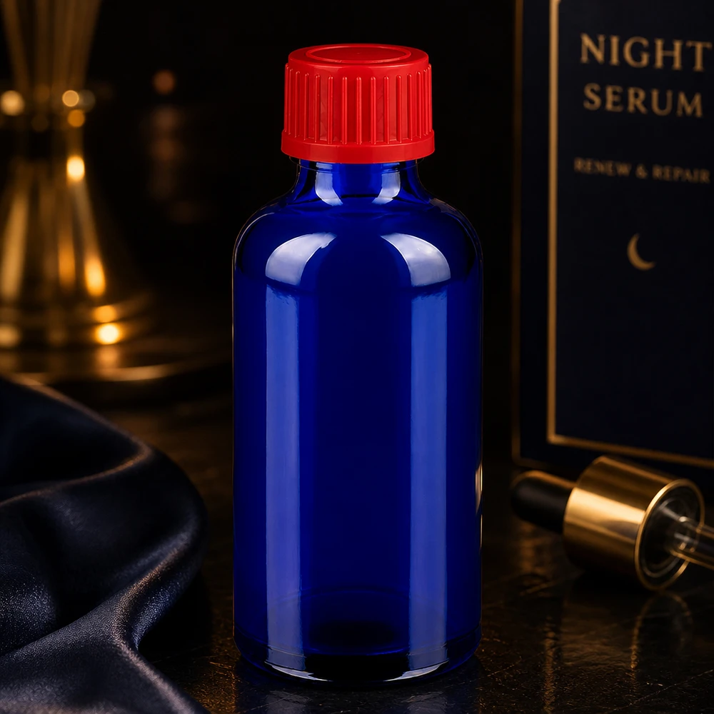 Flacone da 50ml 11mm SV rosso STD BlueLine UT18/50 Flacone da farmacia 50ml UT18/50 con protezione UV attraverso il vetro blu e tappo originale rosso