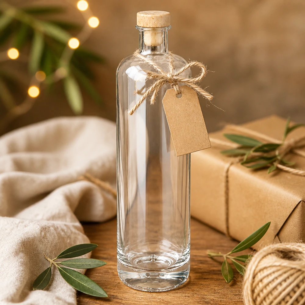 Bottiglia in vetro da 700 ml Ella vuota con tappo in legno e targhetta regalo in una festosa decorazione natalizia con luci fiabesche