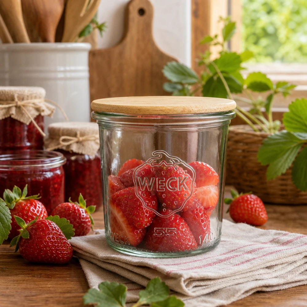 I tumbler RR60 da 140 ml di WECK riempiti di fragole fresche mostrano un uso pratico in un ambiente di cucina rustico