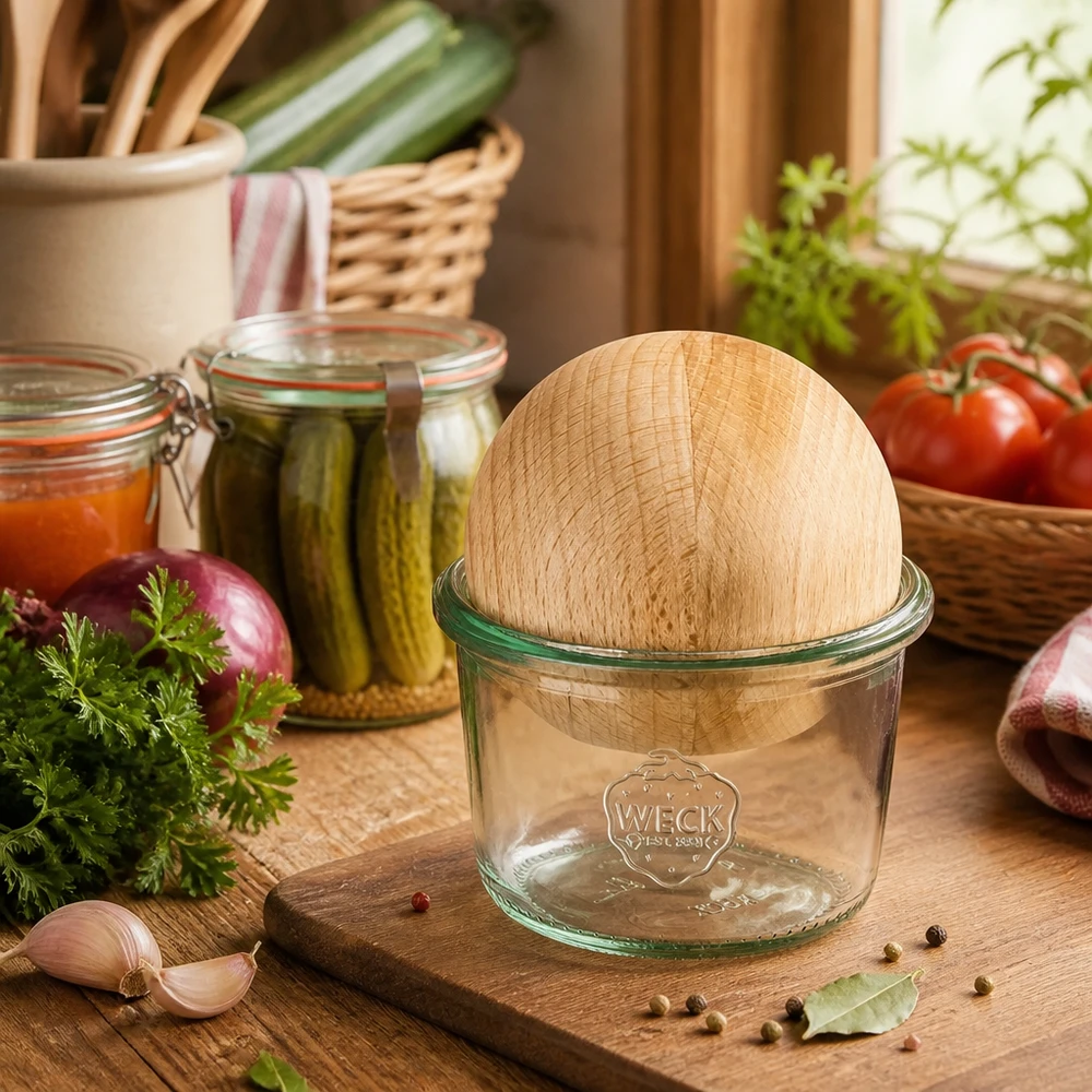 WECK 80ml RR60 mason jar con coperchio in legno di faggio in una cucina rustica accanto a erbe fresche e barattoli da conserva