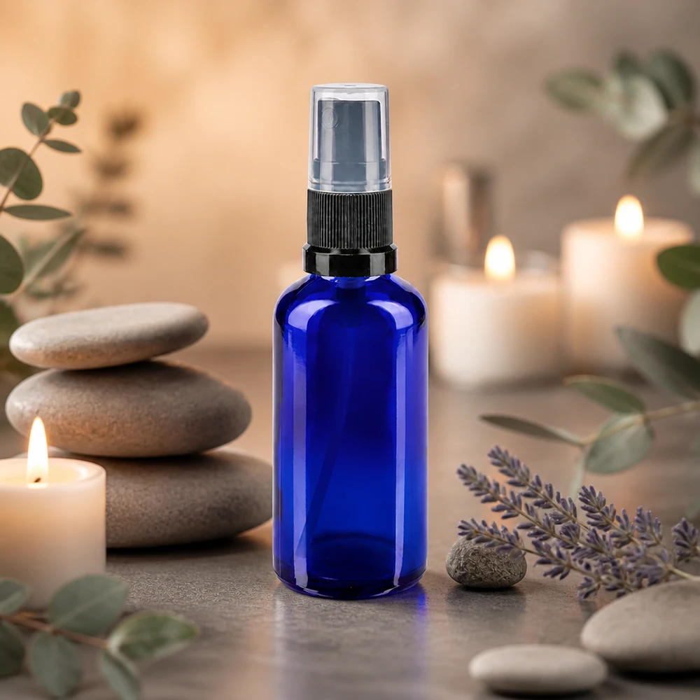 Flacone spray blu da 50 ml in vetro da farmacia con nebulizzatore nero, davanti a lavanda e candele