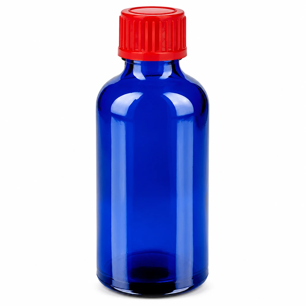 Flacone da 50ml 11mm SV rosso STD BlueLine UT18/50 Flacone da 50 ml blu brillante con tappo rosso a contrasto Serie BlueLine