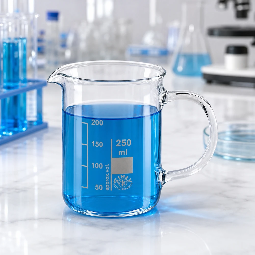 Bicchiere da laboratorio da 250 ml con manico, pieno di liquido blu, su un tavolo di marmo in laboratorio