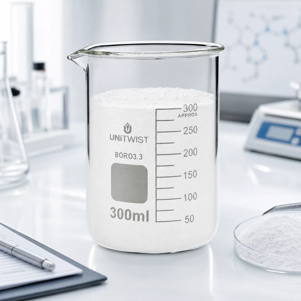 Bicchiere da laboratorio UNiTWIST da 300 ml riempito di polvere bianca su un tavolo da lavoro da laboratorio con una bilancia