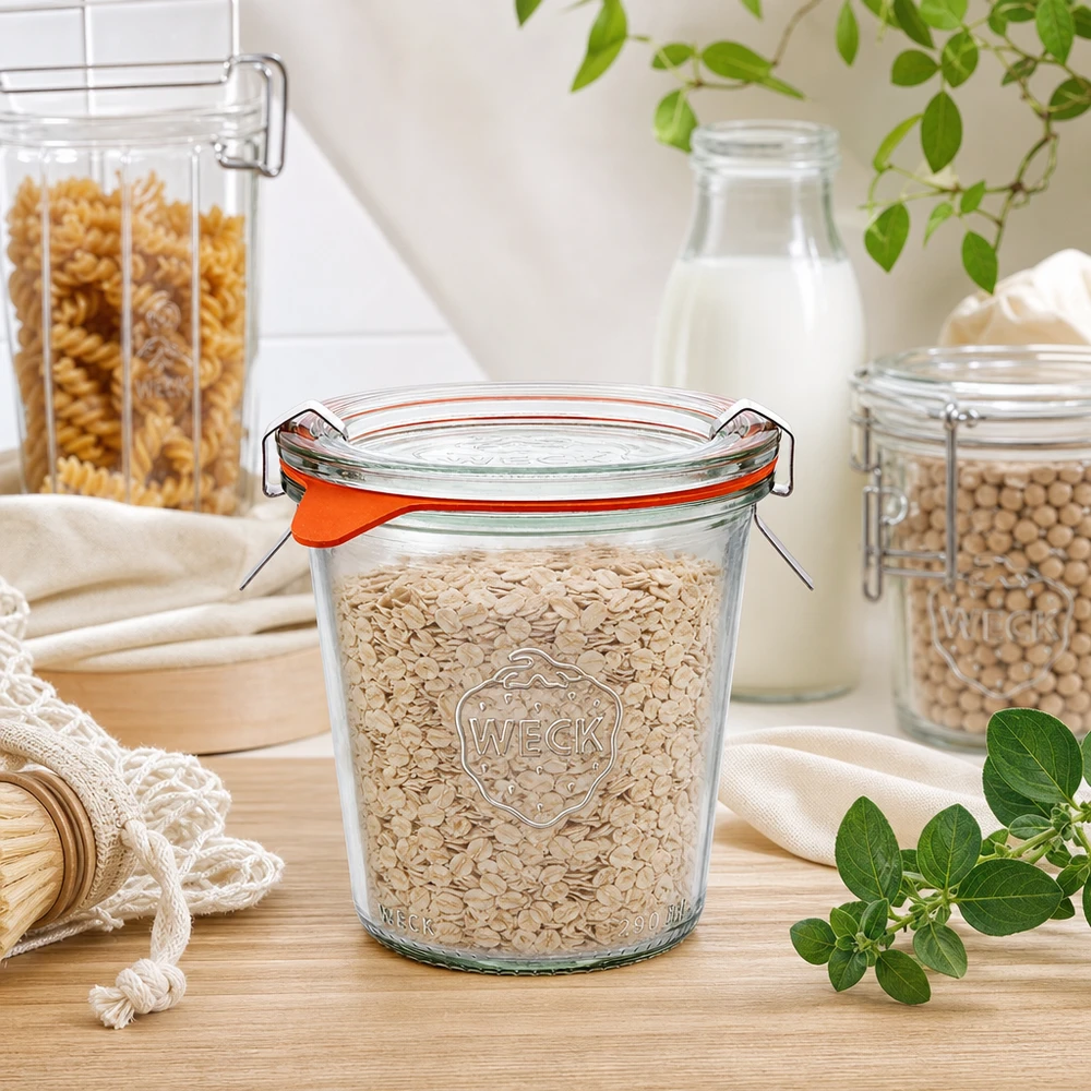 Bicchieri WECK da 290 ml RR80 riempiti con fiocchi d'avena in una scena di cucina naturale con superficie in legno e piante verdi