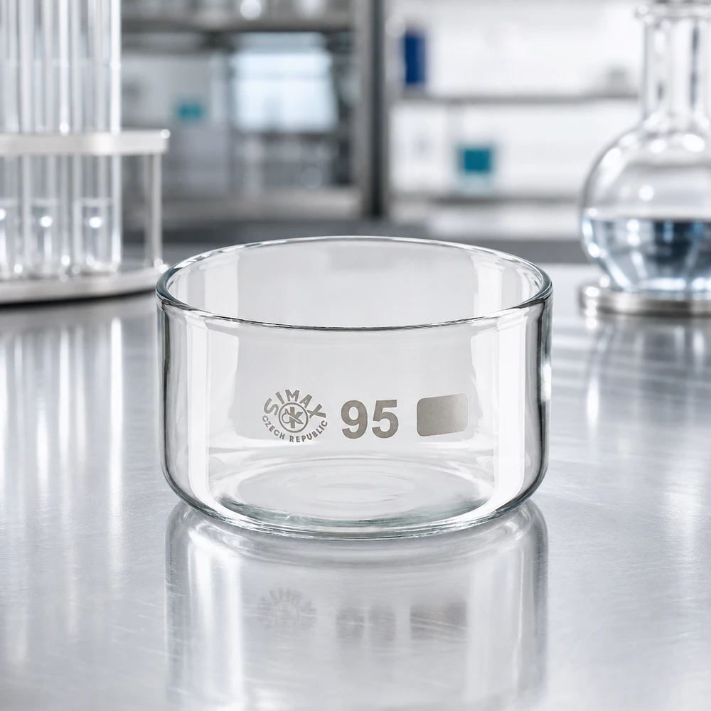 Piatto per cristallizzazione da 300ml senza beccuccio Bo. ø95mm Vaschetta di cristallizzazione da 300 ml Simax in vetro borosilicato, con bordo in acciaio inossidabile, da tavolo, da laboratorio, di forma rotonda, fondo piatto