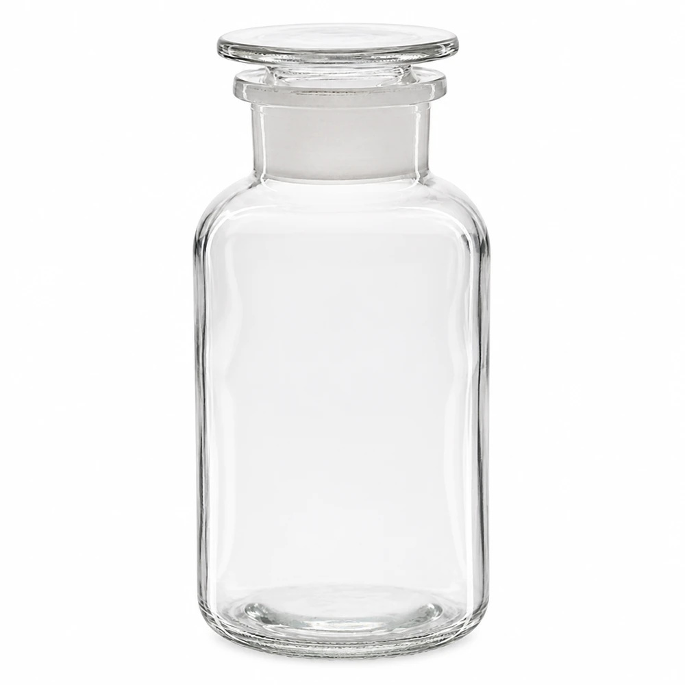 Bottiglia a spalla tonda da 500ml in vetro trasparente a collo largo con tappo Bottiglia a spalla arrotondata da 500 ml, trasparente, con tappo in vetro e collo largo, per laboratorio e farmacia