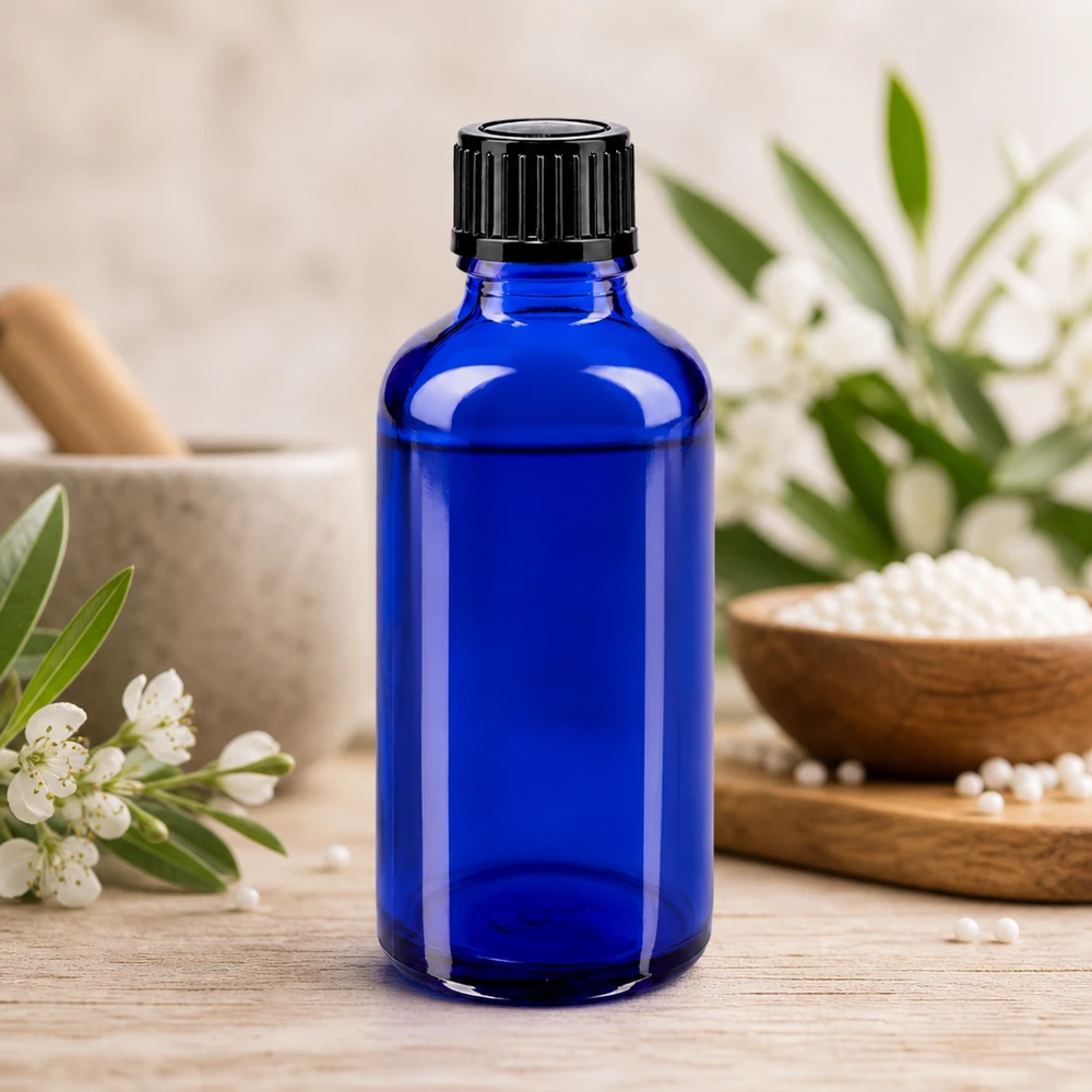 Flacone contagocce blu da 50 ml STD nero/1mm ApoGlas Flacone contagocce da 50 ml in vetro da farmacia blu cobalto con tappo di sicurezza nero a prova di bambino