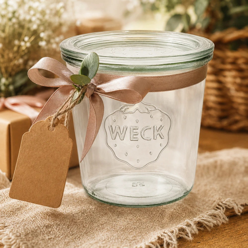 Barattolo di vetro da 580 ml con coperchio in vetro WECK RR100 Bicchieri WECK da 580 ml RR100 decorati con un fiocco marrone e un'etichetta regalo come idea di confezione regalo