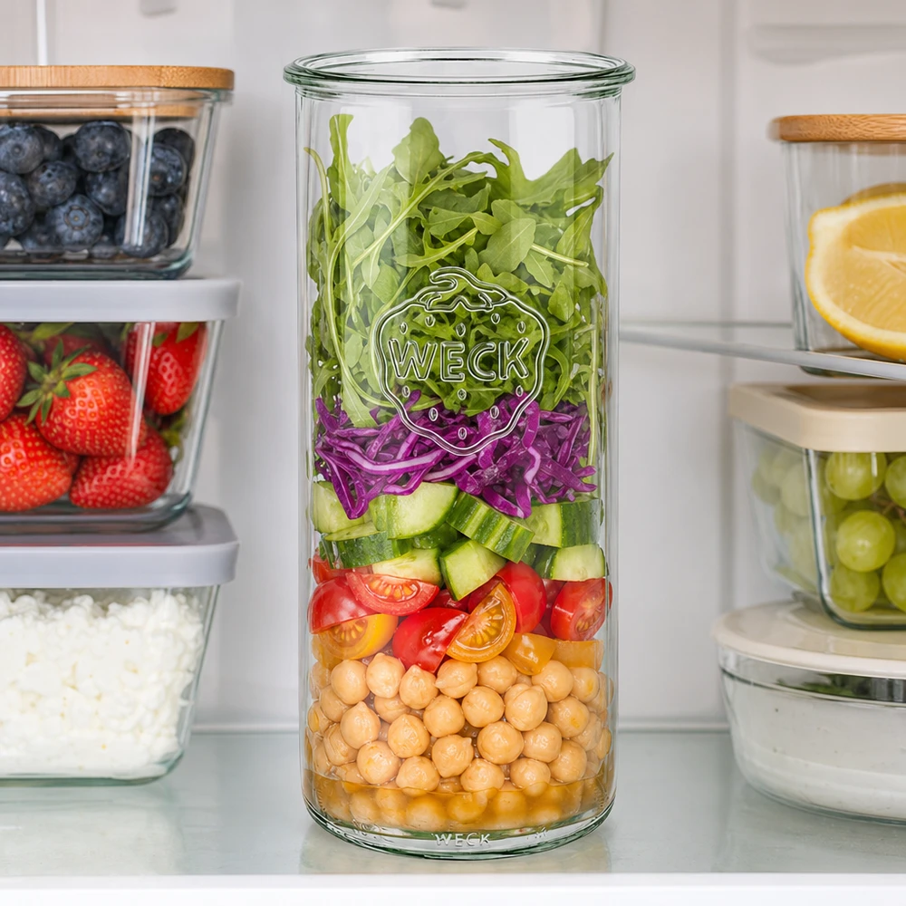 WECK RR100 tumbler 1500ml con insalata a strati di ceci, verdure e verdure a foglia in cucina bianca