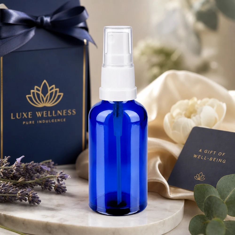 Flacone spray da 50 ml bianco/tr. STD BlueLine UT18/50 Lussuoso flacone in vetro blu da 50 ml con attacco spray bianco per esclusivi trattamenti benessere