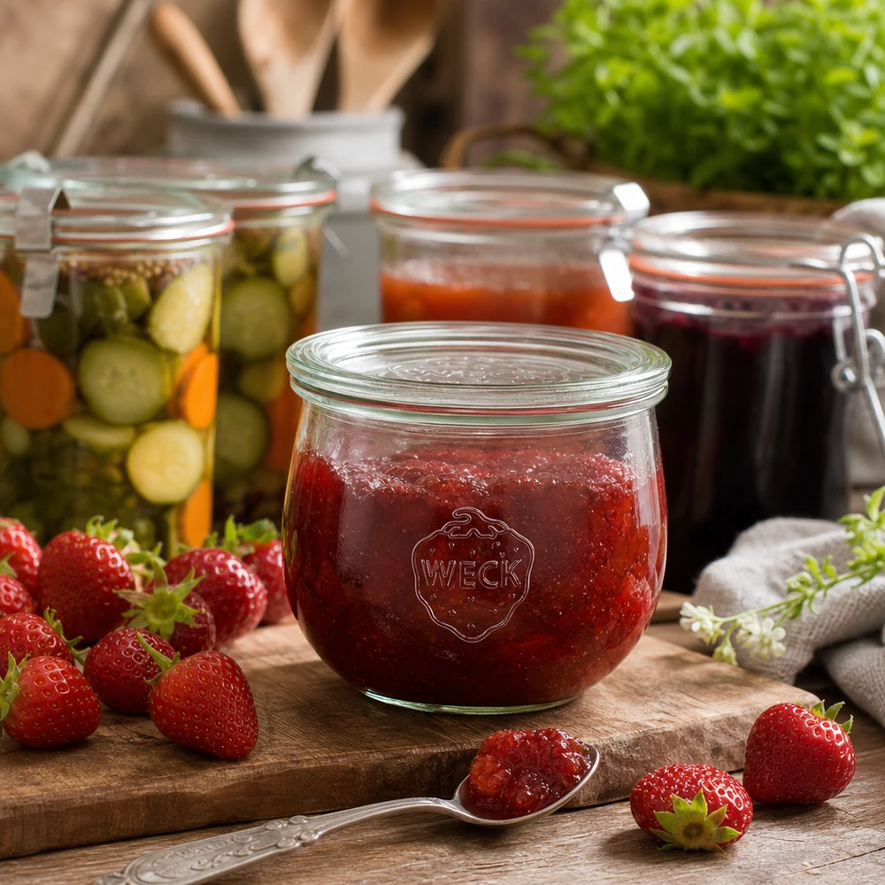 Vaso WECK a tulipano 580ml RR100 riempito di marmellata di fragole accanto a fragole fresche e verdure sott'aceto su una tavola di legno