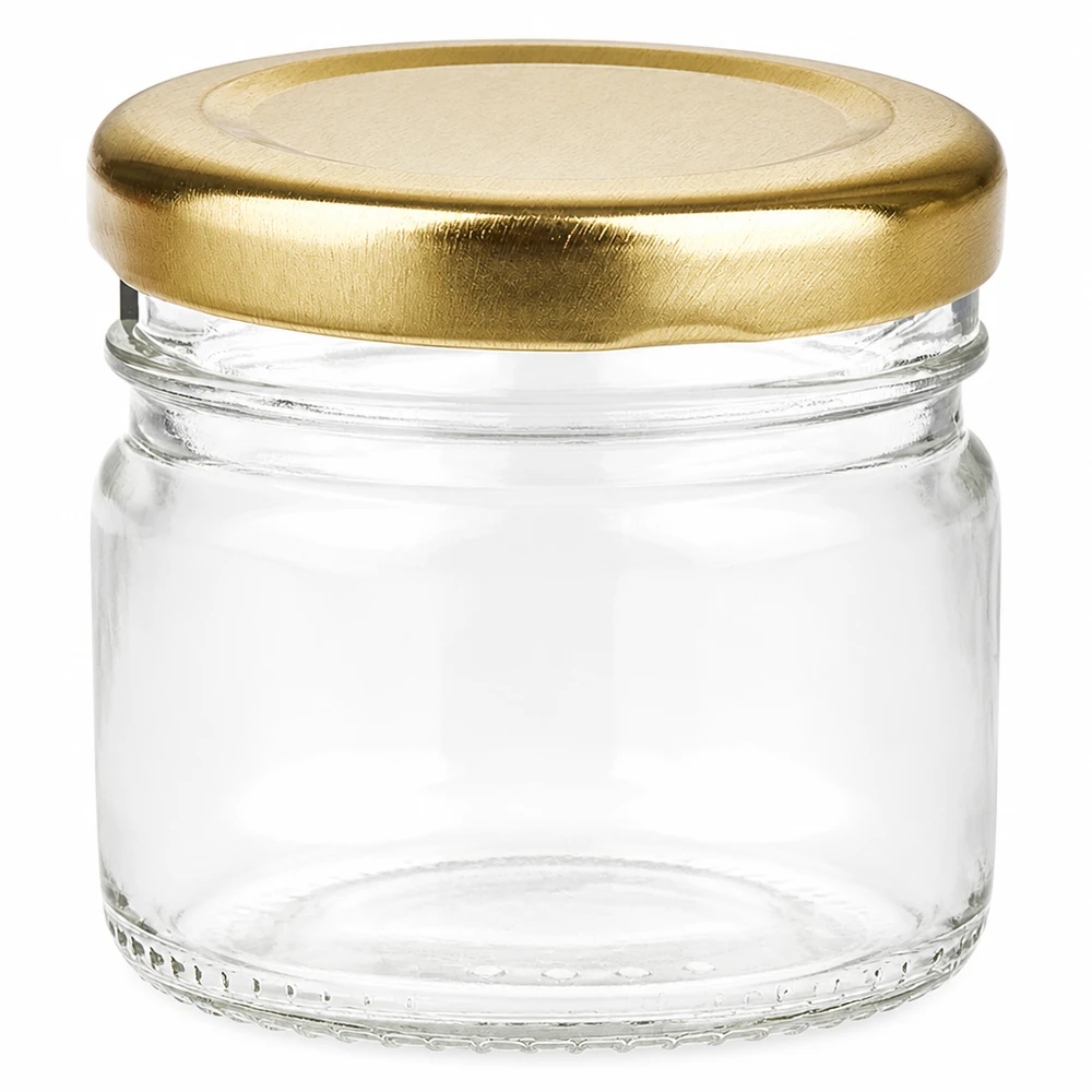 Vaso cilindrico in vetro trasparente da 33 ml con tappo a vite dorato lucido, adatto agli alimenti