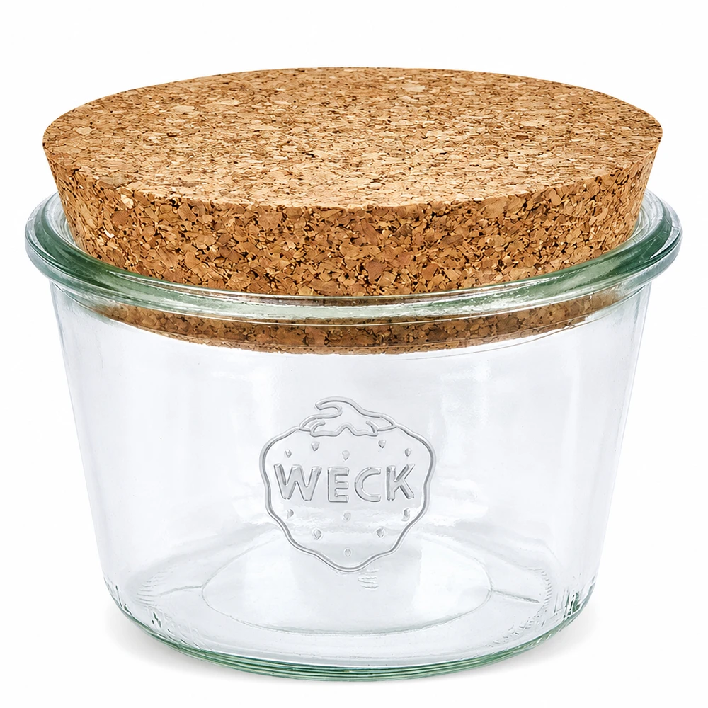 Bicchieri da 370 ml WECK RR100 con tappo in sughero naturale WECK RR100 Vaso in muratura da 370 ml con tappo in sughero naturale Vaso in muratura trasparente da conservare