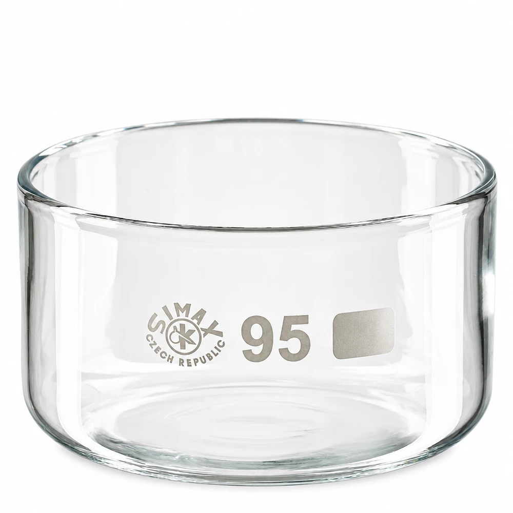 Piatto per cristallizzazione da 300ml senza beccuccio Bo. ø95mm Ciotola di cristallizzazione da 300 ml in vetro borosilicato, senza beccuccio, trasparente, cilindrica, diametro 95 mm
