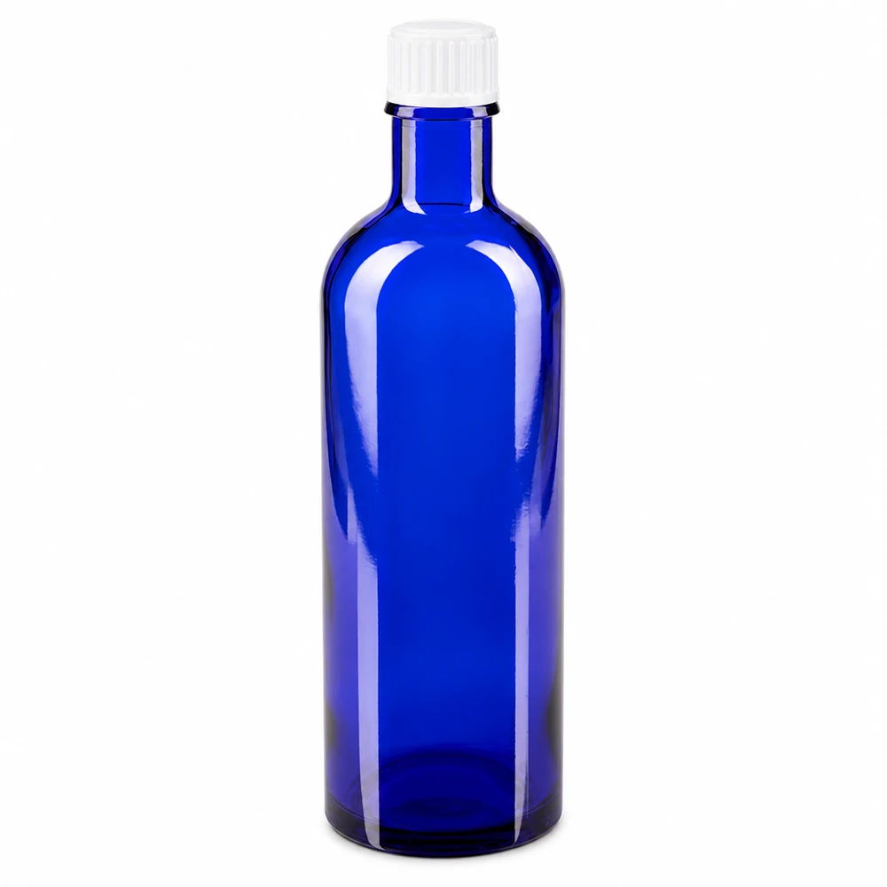 Bottiglia per farmacia blu 200ml tappo a vite bianco pc Flacone da farmacia blu in vetro da 200 ml con tappo a vite bianco