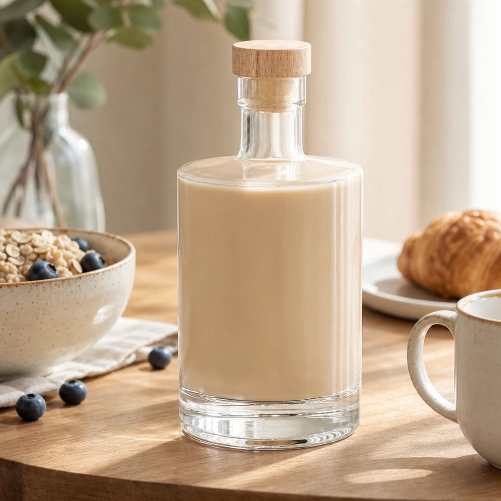Bottiglia in vetro da 500 ml 500ml Glasflasche "Marie" mit Holzgriff-Korken UNiTWIST con tappo in sughero con impugnatura in legno UNiTWIST® Bottiglia di vetro da 500 ml Marie riempita di liquore cremoso - tappo di legno UNiTWIST - scenario per la tavola della colazione con muesli