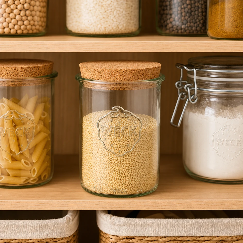 Bicchieri da 1000ml WECK RR100 con tappo in sughero naturale WECK Sturzglas RR100 1000ml mit Korkdeckel in organisierter Vorratsküche Pantry mit Getreide Pasta und Mehl