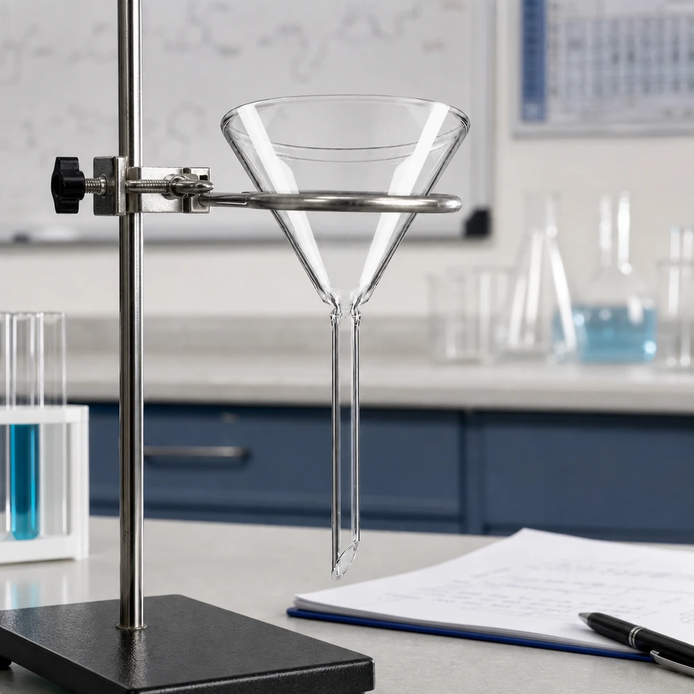 Imbuto Ø 70 mm per calce sodata, angolo 60°, stile corto Imbuto di precisione in vetro con apertura di 70 mm e gambo corto per un dosaggio preciso in laboratorio e in chimica