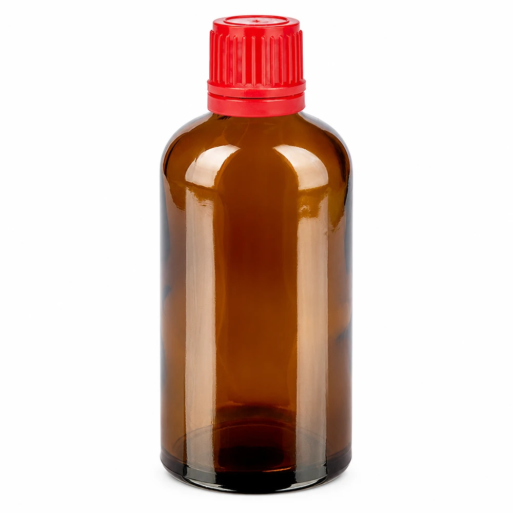 Bottiglia da 100ml 11mm SV rosso OV BrownLine UT18/100 Bottiglia farmaceutica in vetro ambrato con collo da 11 mm - conservazione professionale dei liquidi