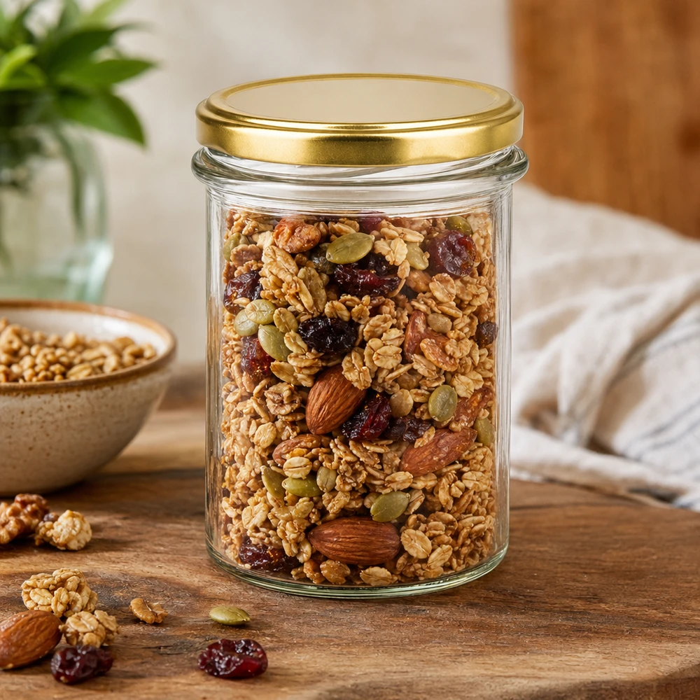 Bicchieri da 230 ml con coperchio BasicSeal oro UNiTWIST Barattolo BasicSeal da 230 ml con coperchio dorato pieno di muesli, noci e frutta secca da conservare su un tavolo di legno