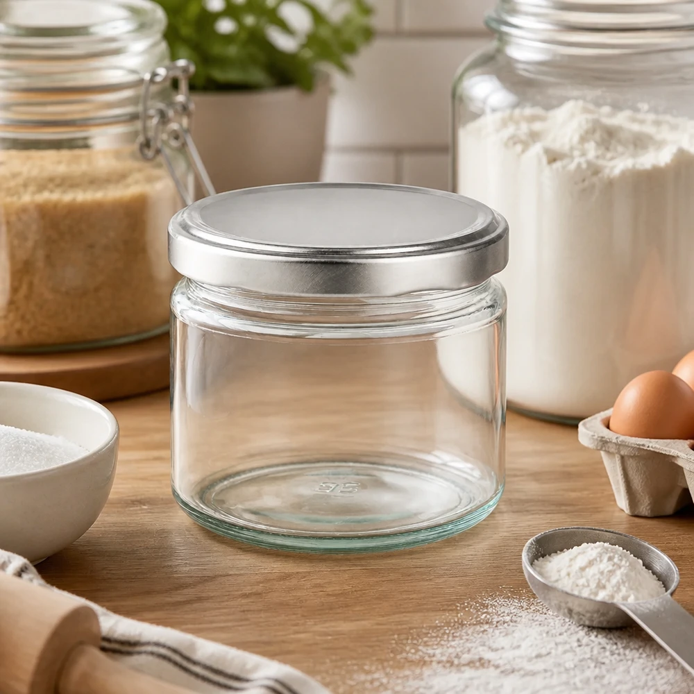 Barattolo rotondo da 330 ml con coperchio BasicSeal argento UN.. Barattolo rotondo da 330 ml con coperchio BasicSeal vuoto tra gli ingredienti da cuocere sul tavolo di legno Barattolo di conservazione per cucina e pasticceria