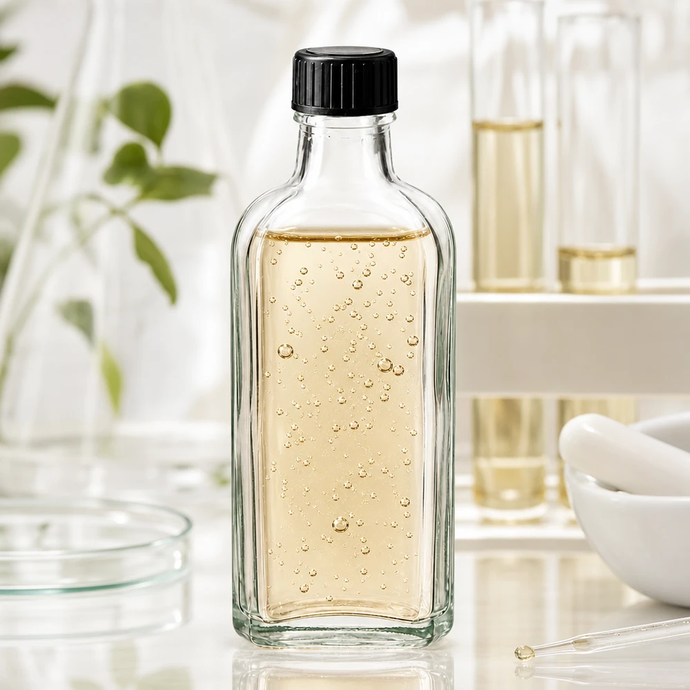 Flacone di vetro Meplat rettangolare da 100 ml, trasparente, contenente un siero con bollicine e dotato di tappo a vite nero